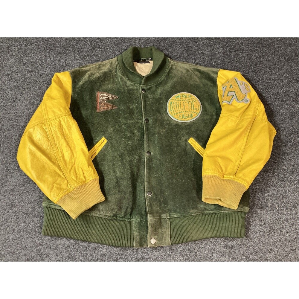 Vtg 1990s MLB Oakland A’s Mirage Suede Leather Bomber Letterman Jacket Size L